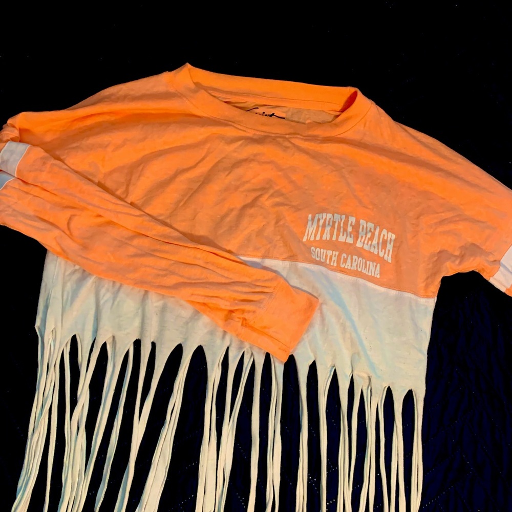 Orange and white fringe long sleeve crop top